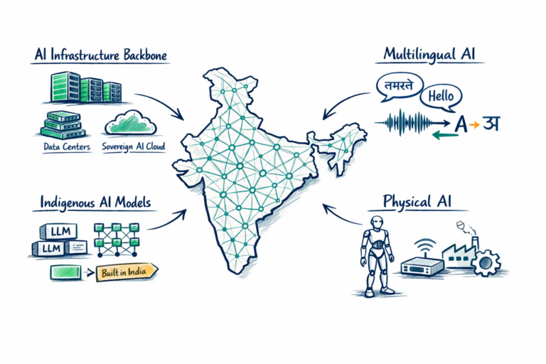 India AI infrastructure showing sovereign cloud, indigenous AI models, multilingual AI and physical AI concepts