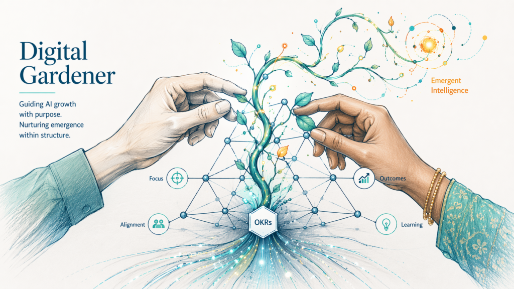 Digital gardener concept showing product manager guiding emergent AI growth using outcome-driven product strategy.