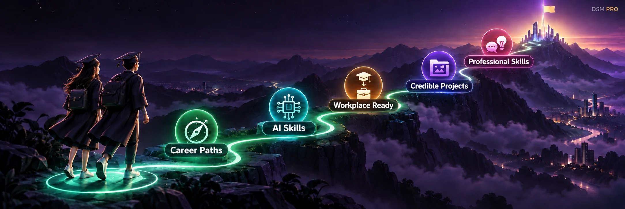 A female and male graduate following five milestones towards careers in digital work: career paths, AI skills, workplace readiness, credible projects and professional skills.